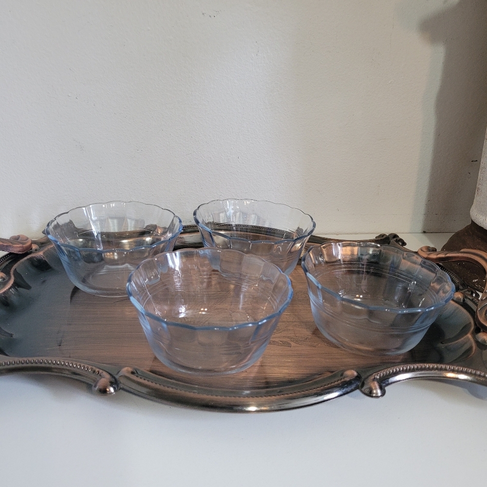 Set of Four Clear Blue Marinex Custard Cups